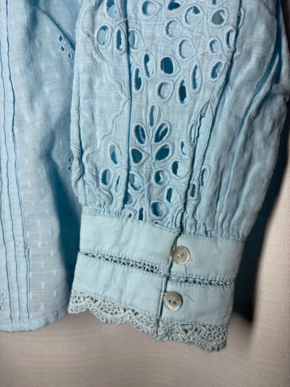 Sundance Valeria Eyelet Floral Aqua Button Up Shirt PS Boho Prairie Cottagecore - Picture 3 of 10